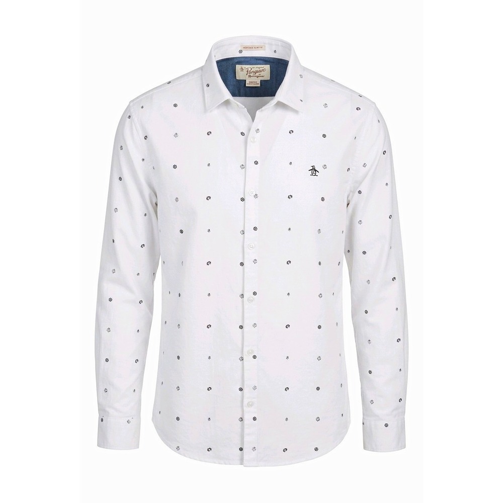 Original Penguin Heritage Slim Fit White Anchor Nautical Long Sleeve Shirt XL